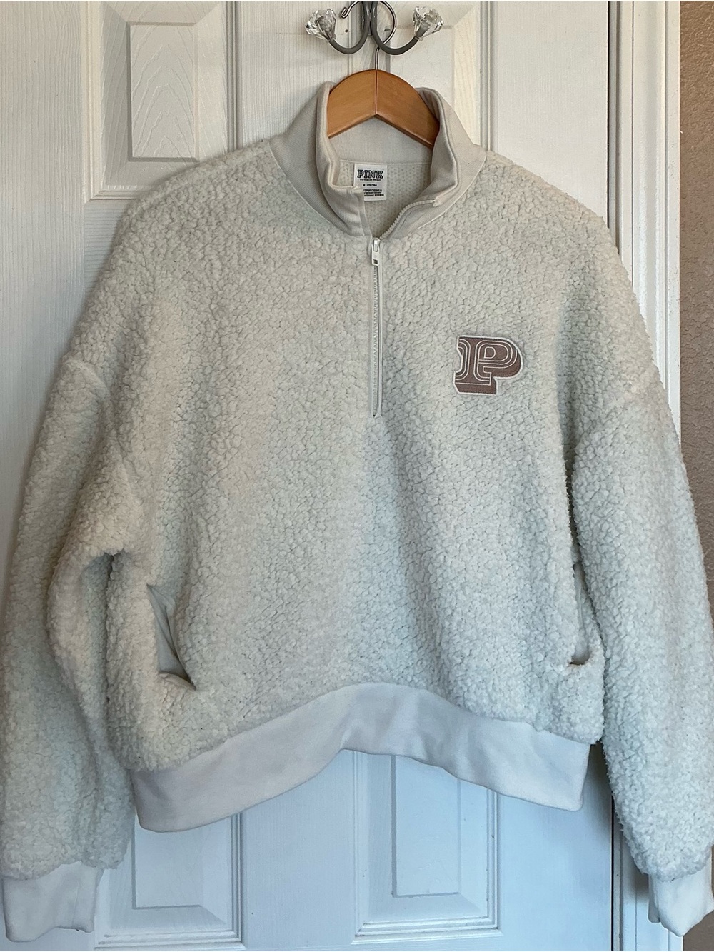 Y2K Victorias Secret PINK Sherpa Half-Zip Pullover with P Patch Size M in Cream